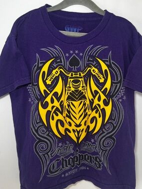 Vintage Style Ride Hard Choppers Shirt Purple Yellow Tribal Flame Graphic Street